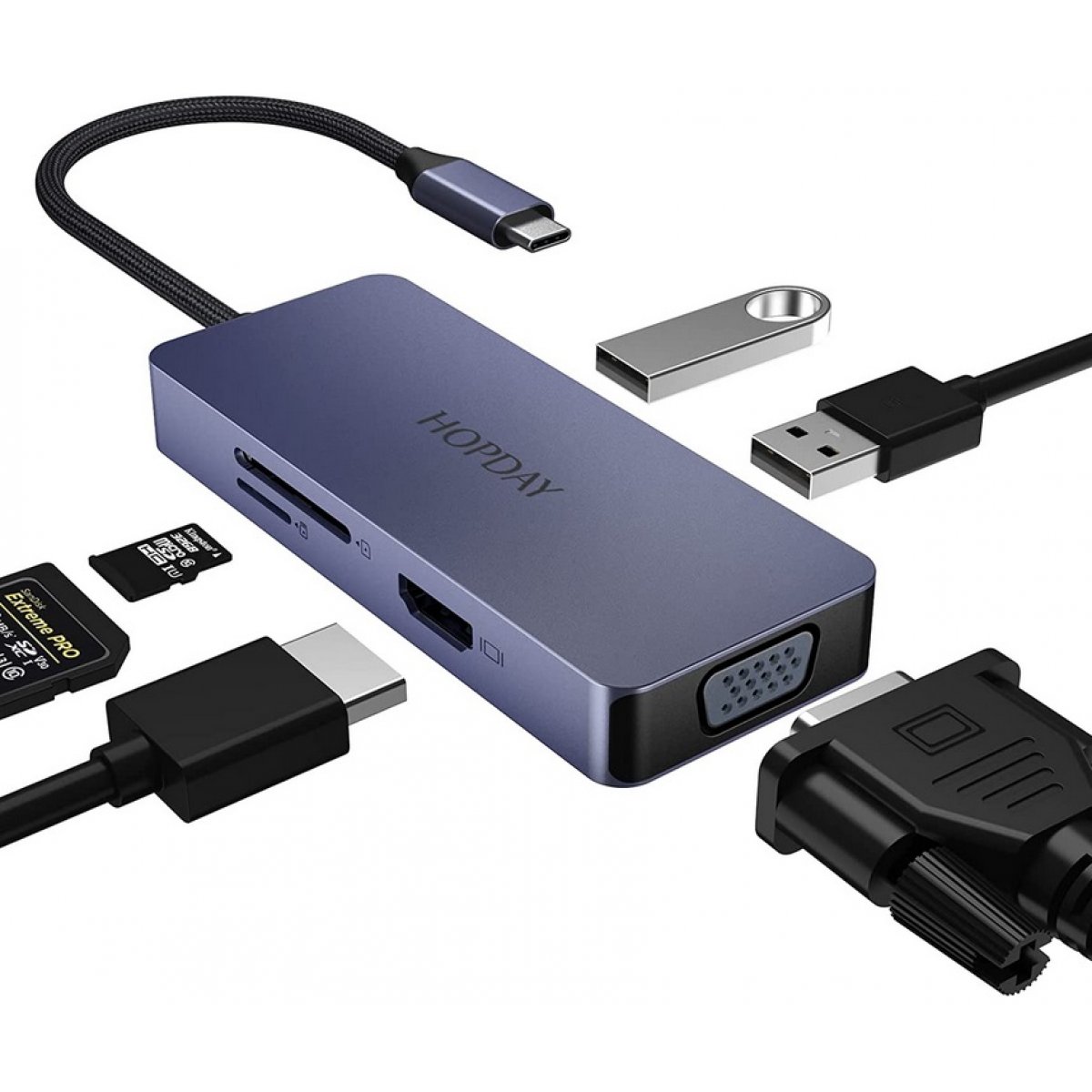 DOCK USB "C" A 2 USB+HDMI+VGA+SD+TF HOPDAY